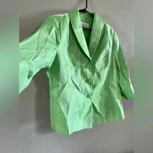Tan Jay Jacket Lime Green Metallic Collared 3/4 Sleeve Buttons Lined Size 14 - Picture 2 of 9